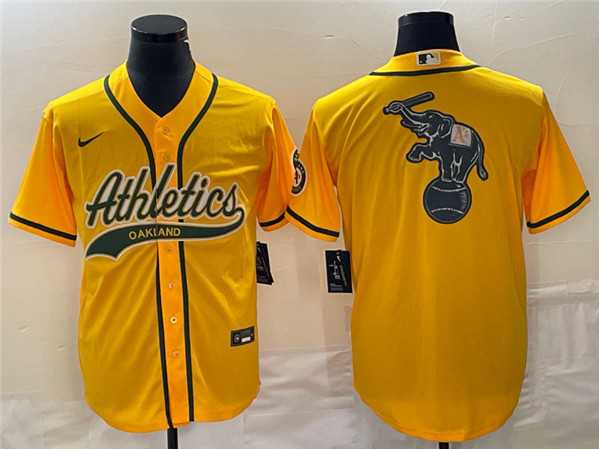 Men%27s Oakland Athletics Yellow Team Big Logo Cool Base Stitched Baseball Jersey 003